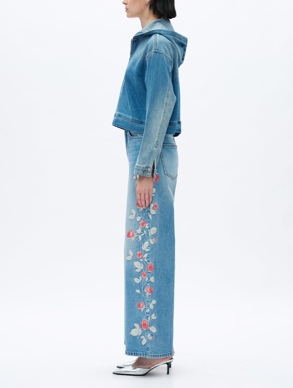 Bayeas Light Blue Barrel Jeans with Pink Rose Embroidery - Picture 4 of 11